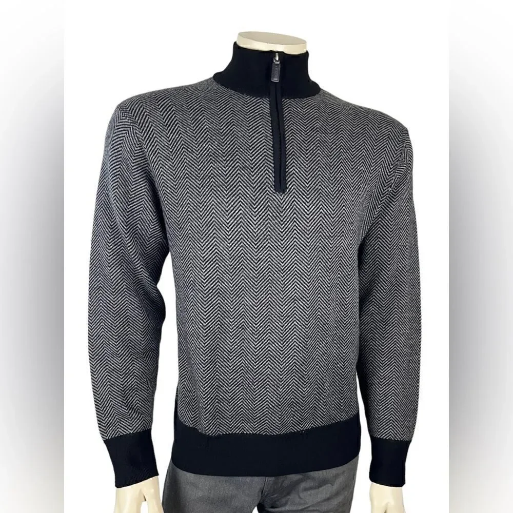 Cremieux Classics Zip Front Pullover in Gray/Black Chevron 100% Merino Wool Sz L